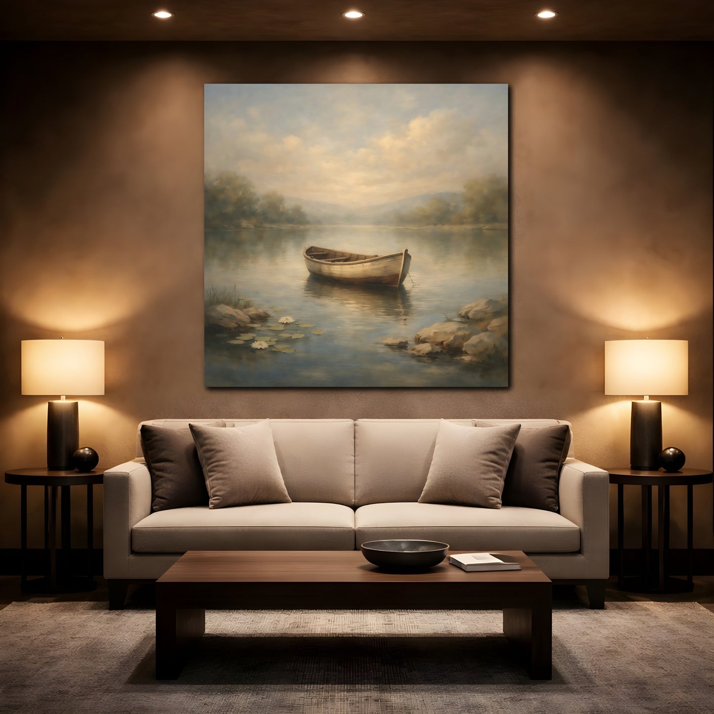 Mockup 2. Nature Rowboat Misty Lake Rowboat shown as stretched canvas wall art