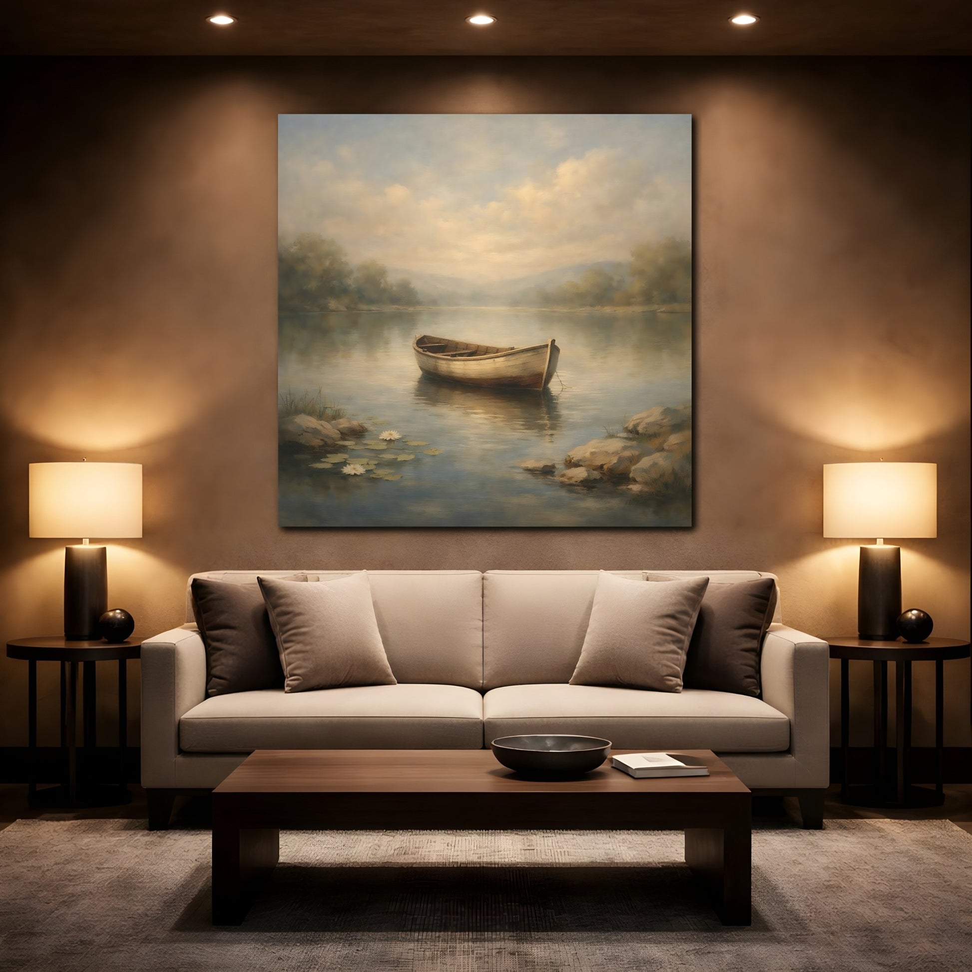Mockup 2. Nature Rowboat Misty Lake Rowboat shown as stretched canvas wall art