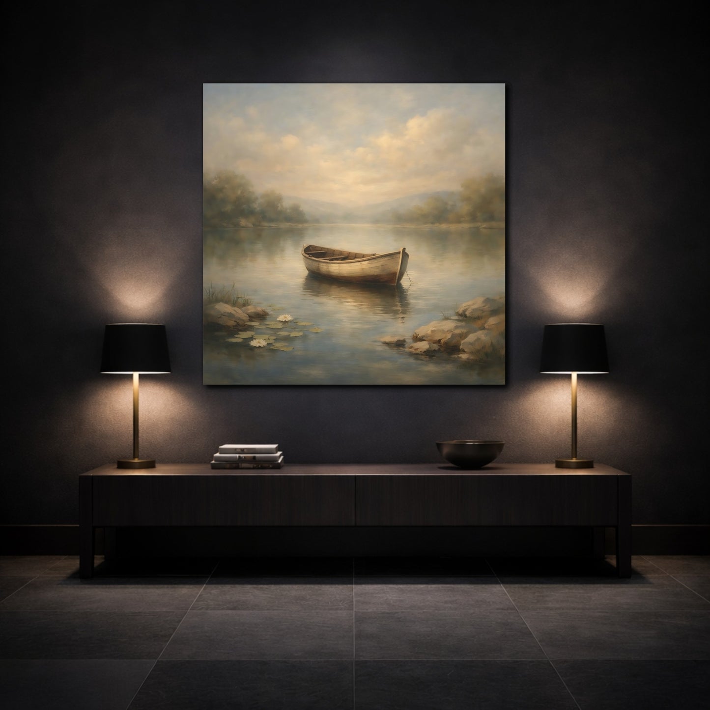 Mockup 3. Nature Rowboat Misty Lake Rowboat shown as stretched canvas wall art