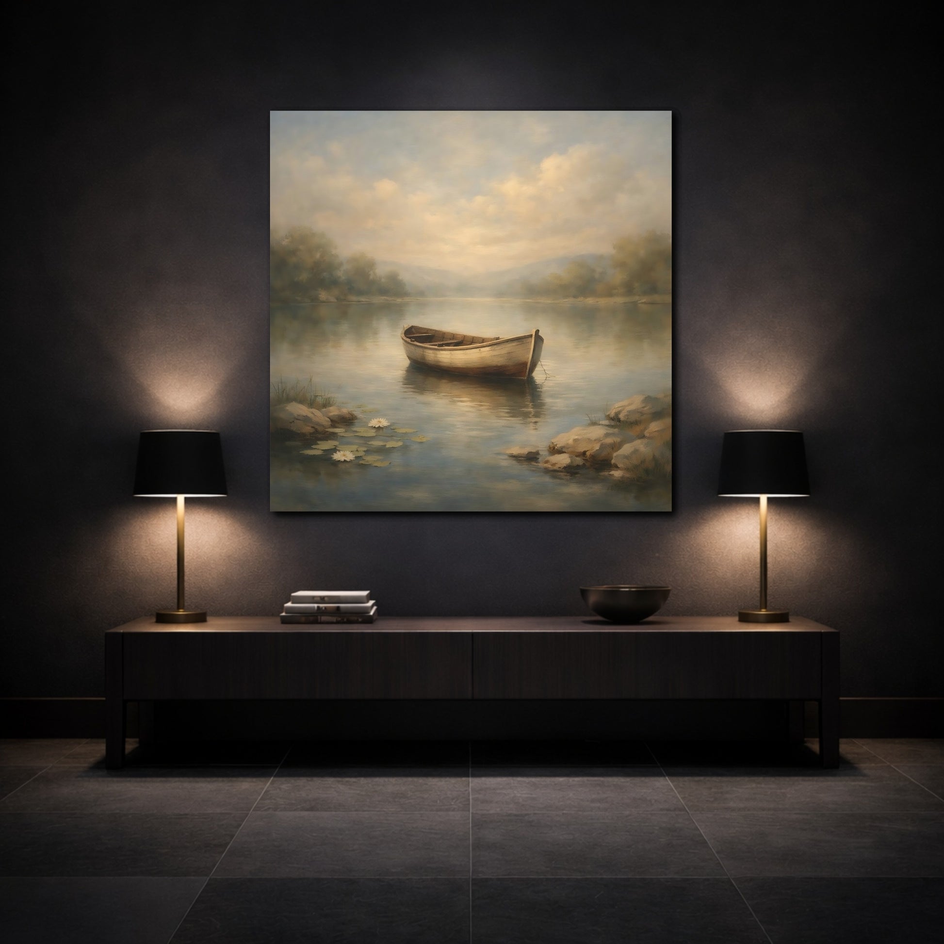 Mockup 3. Nature Rowboat Misty Lake Rowboat shown as stretched canvas wall art