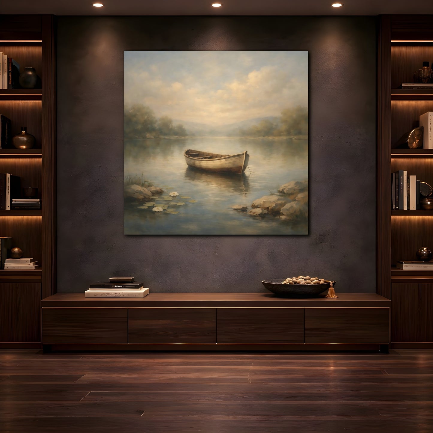 Mockup 4. Nature Rowboat Misty Lake Rowboat shown as stretched canvas wall art