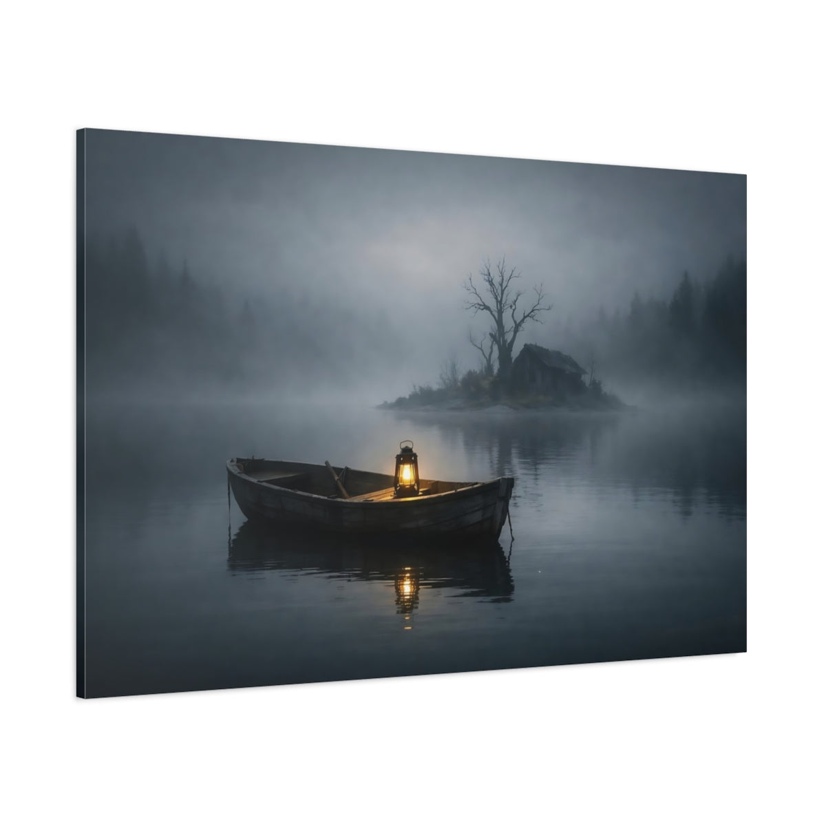 Nature Rowboat Misty Lake Scene shown as stretched canvas wall art