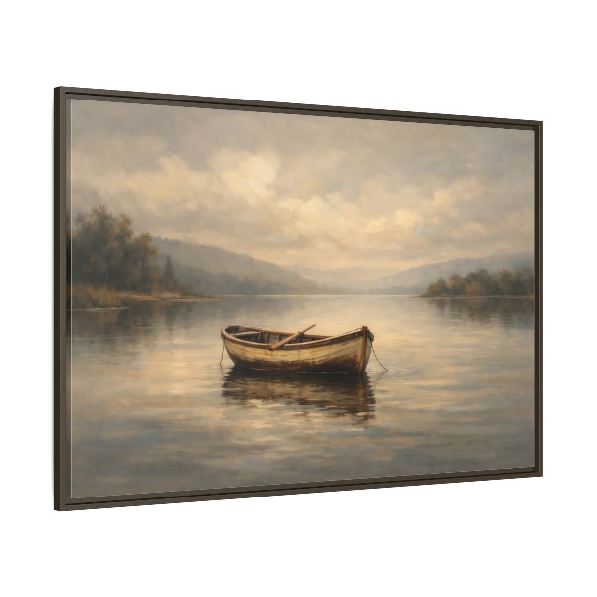 Main Mockup. Nature Rowboat Misty Lake Scene shown as stretched canvas wall art