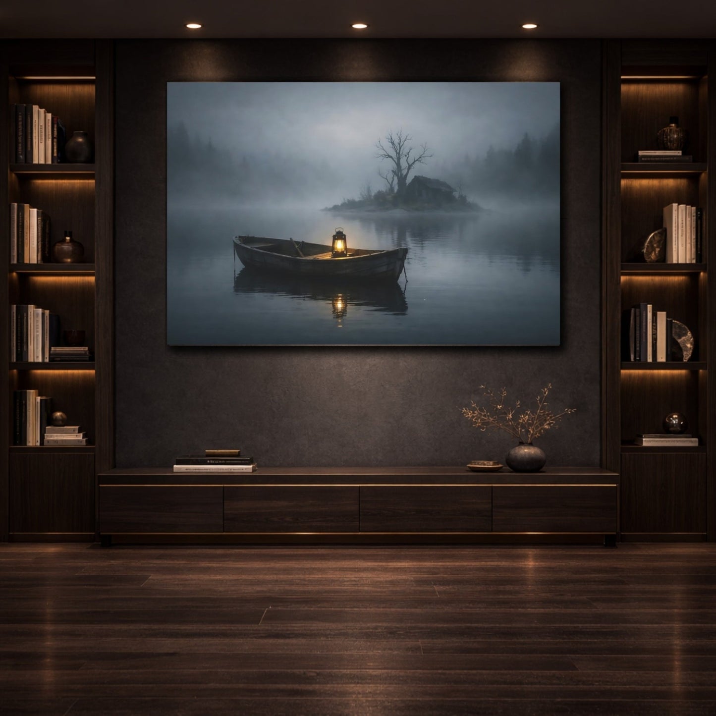 Nature Rowboat Misty Lake Scene - Canvas Wall Art Print - YesArtYes