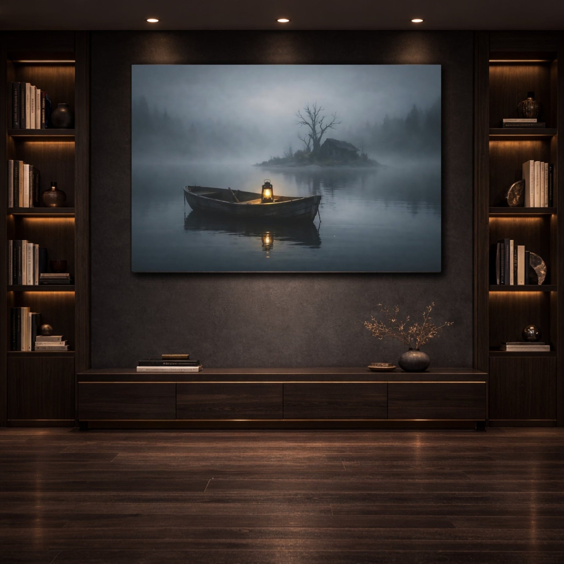 Nature Rowboat Misty Lake Scene - Canvas Wall Art Print - YesArtYes