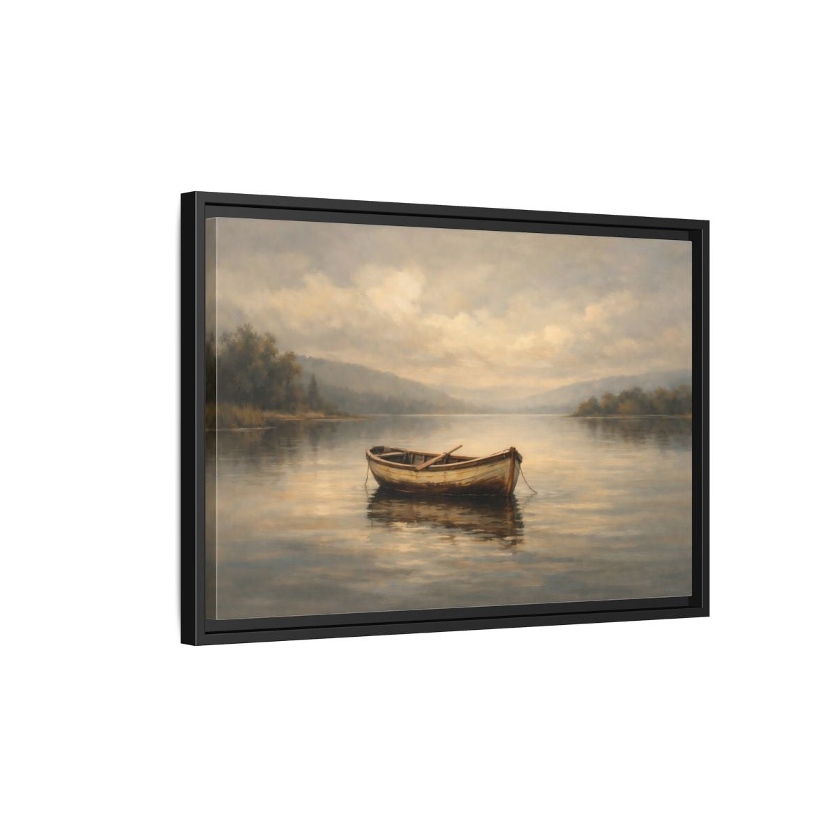Side Mockup 3. Nature Rowboat Misty Lake Scene shown as stretched canvas wall art