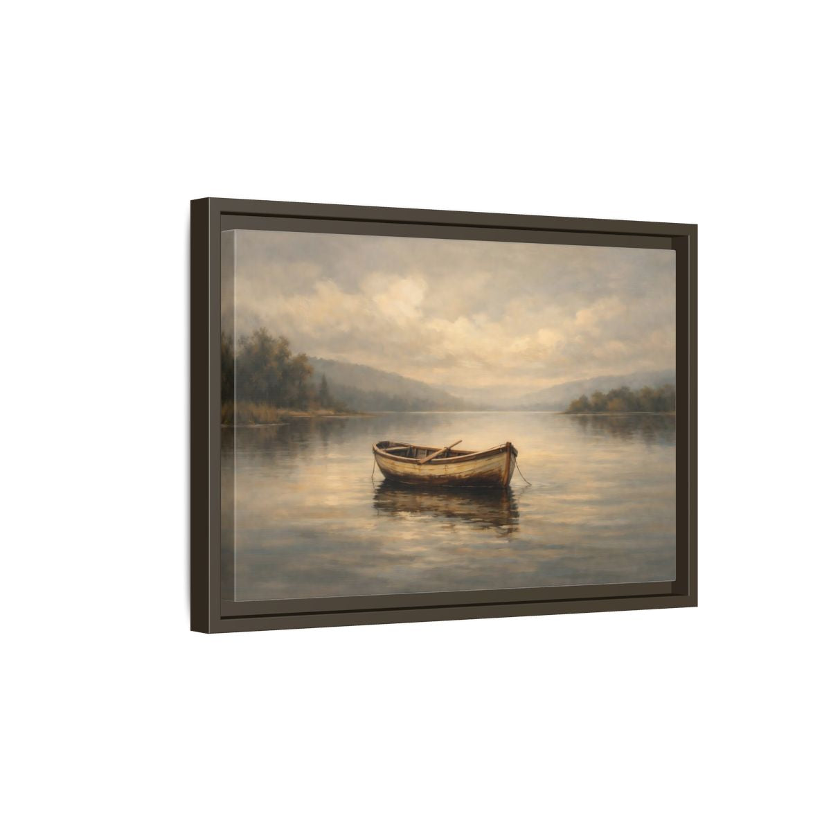 Side Mockup 5. Nature Rowboat Misty Lake Scene shown as stretched canvas wall art