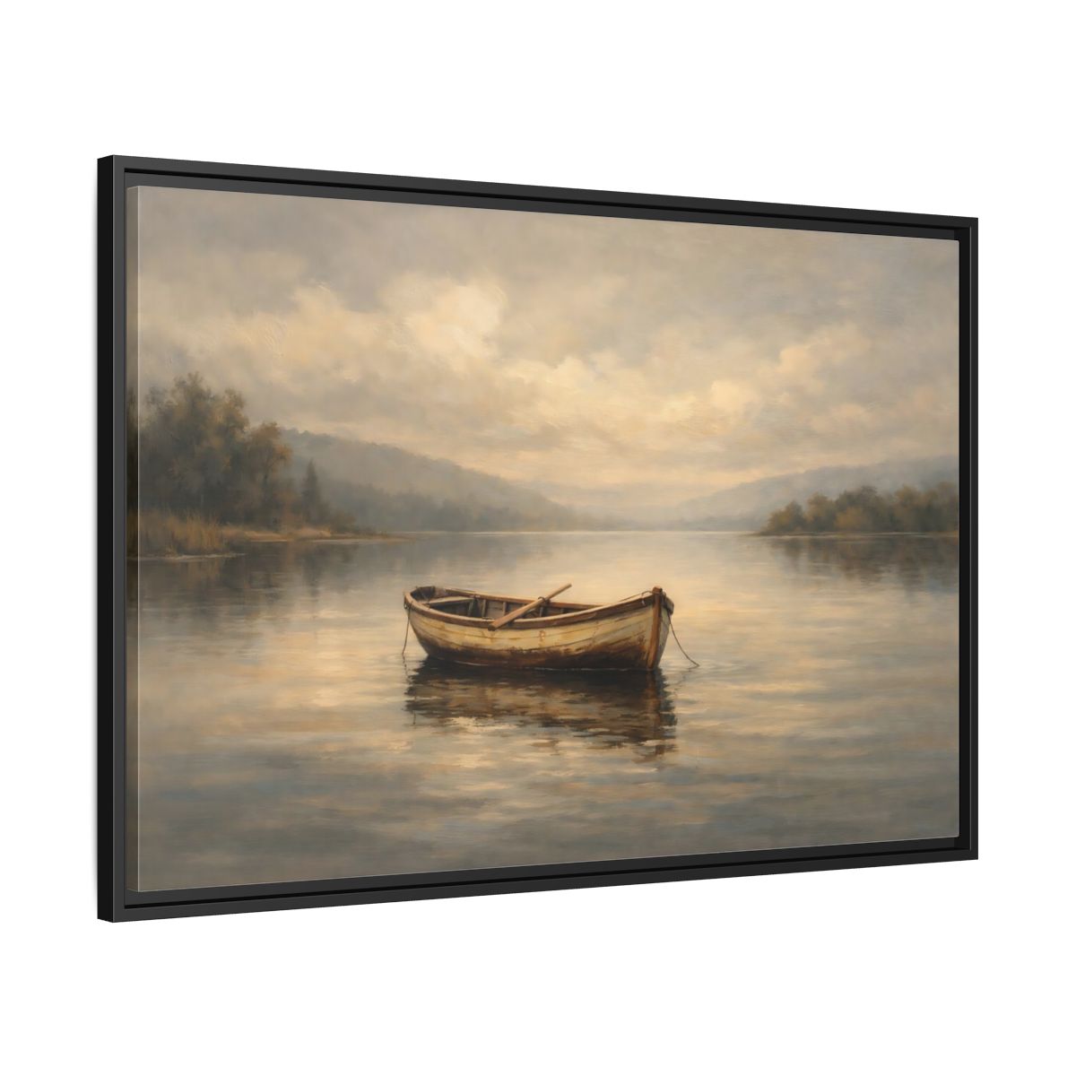Side Mockup 13. Nature Rowboat Misty Lake Scene shown as stretched canvas wall art
