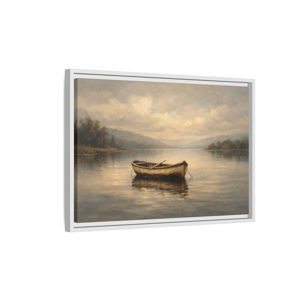 Side Mockup 1. Nature Rowboat Misty Lake Scene shown as stretched canvas wall art