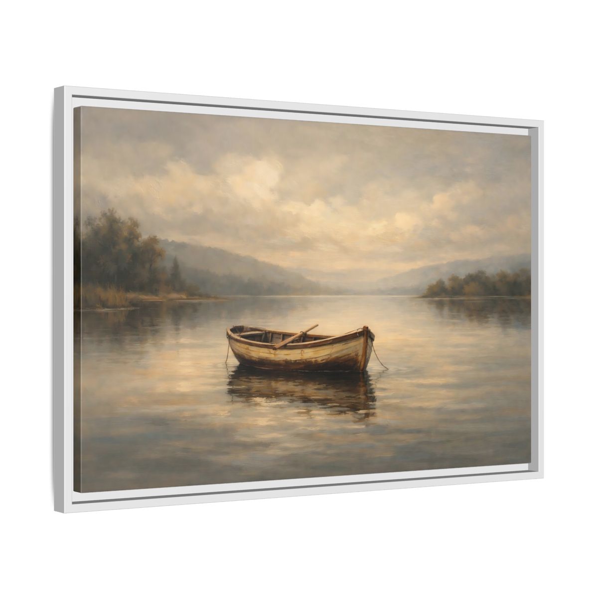 Side Mockup 10. Nature Rowboat Misty Lake Scene shown as stretched canvas wall art