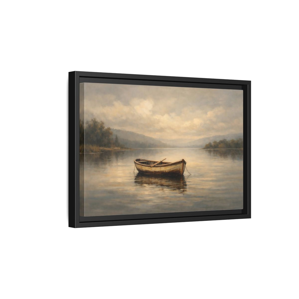 Side Mockup 6. Nature Rowboat Misty Lake Scene shown as stretched canvas wall art