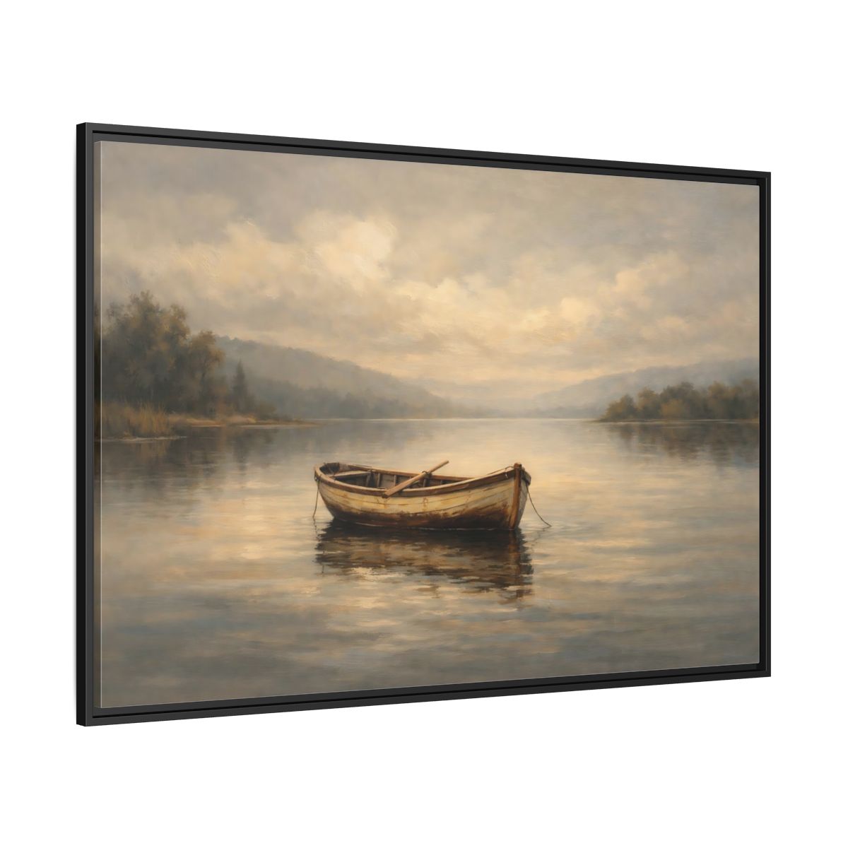Side Mockup 12. Nature Rowboat Misty Lake Scene shown as stretched canvas wall art