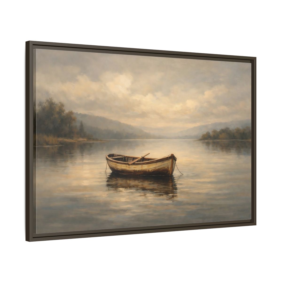 Side Mockup 9. Nature Rowboat Misty Lake Scene shown as stretched canvas wall art