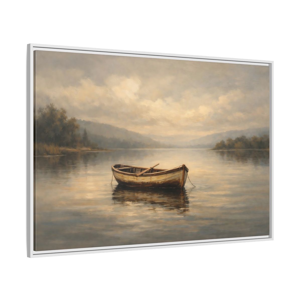 Side Mockup 7. Nature Rowboat Misty Lake Scene shown as stretched canvas wall art
