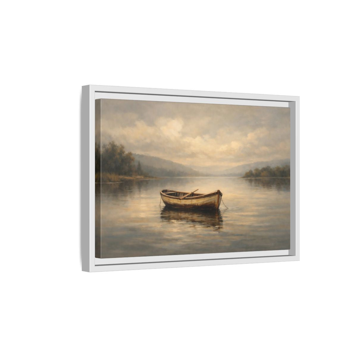 Side Mockup 4. Nature Rowboat Misty Lake Scene shown as stretched canvas wall art