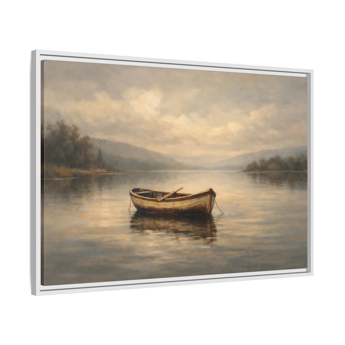 Side Mockup 8. Nature Rowboat Misty Lake Scene shown as stretched canvas wall art