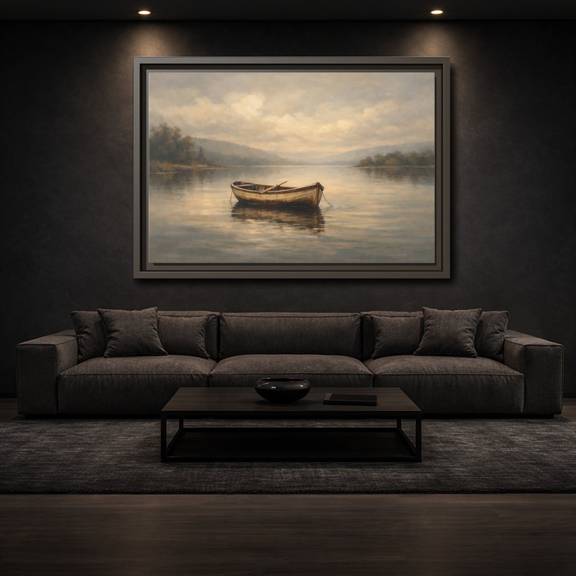 Mockup 2. Nature Rowboat Misty Lake Scene shown as stretched canvas wall art