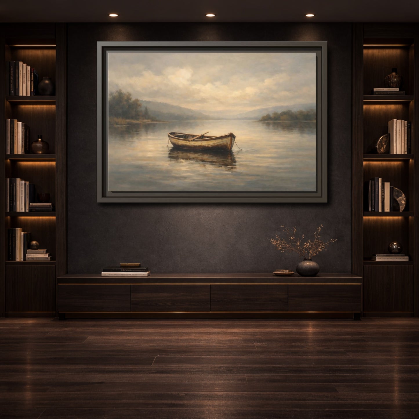 Mockup 3. Nature Rowboat Misty Lake Scene shown as stretched canvas wall art