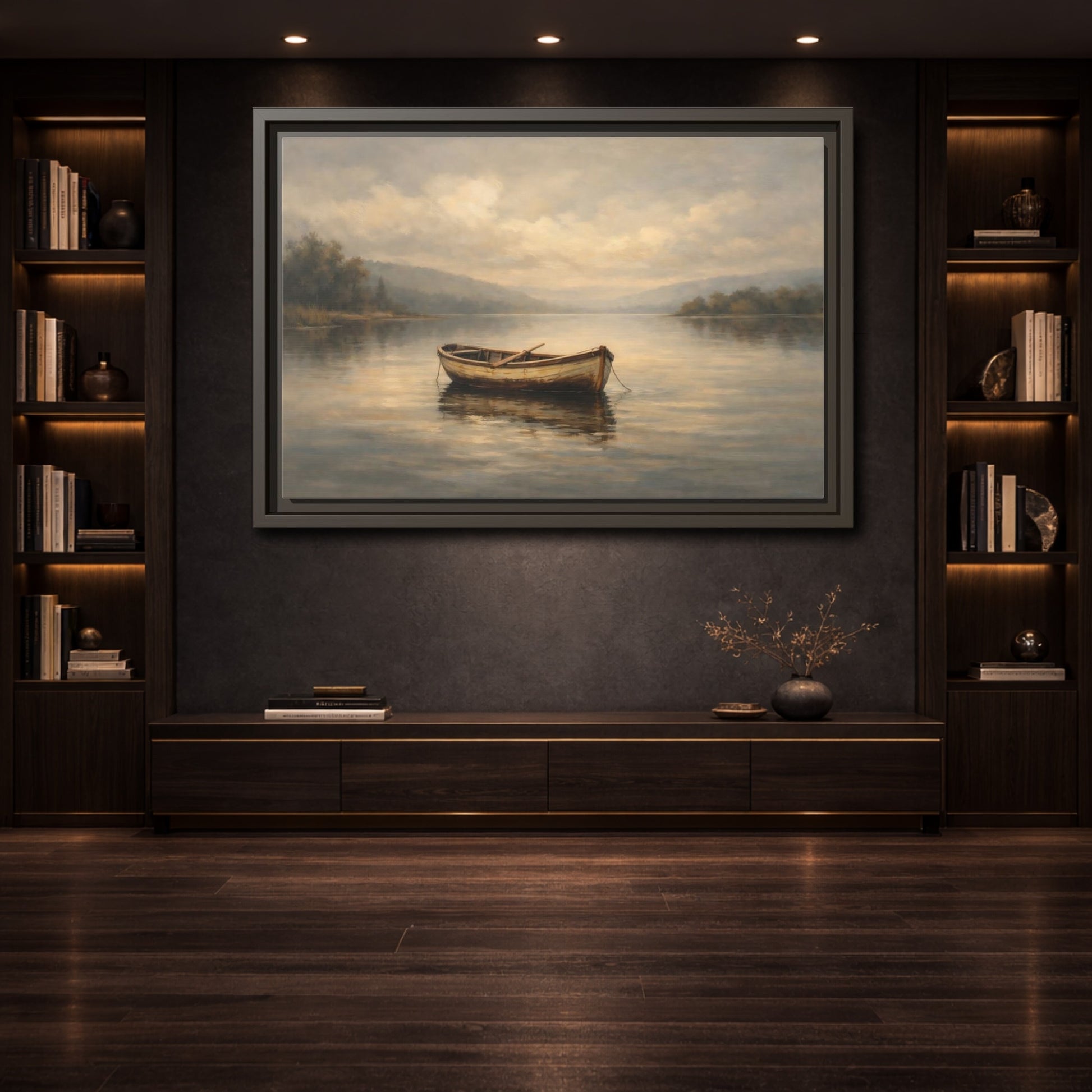 Mockup 3. Nature Rowboat Misty Lake Scene shown as stretched canvas wall art