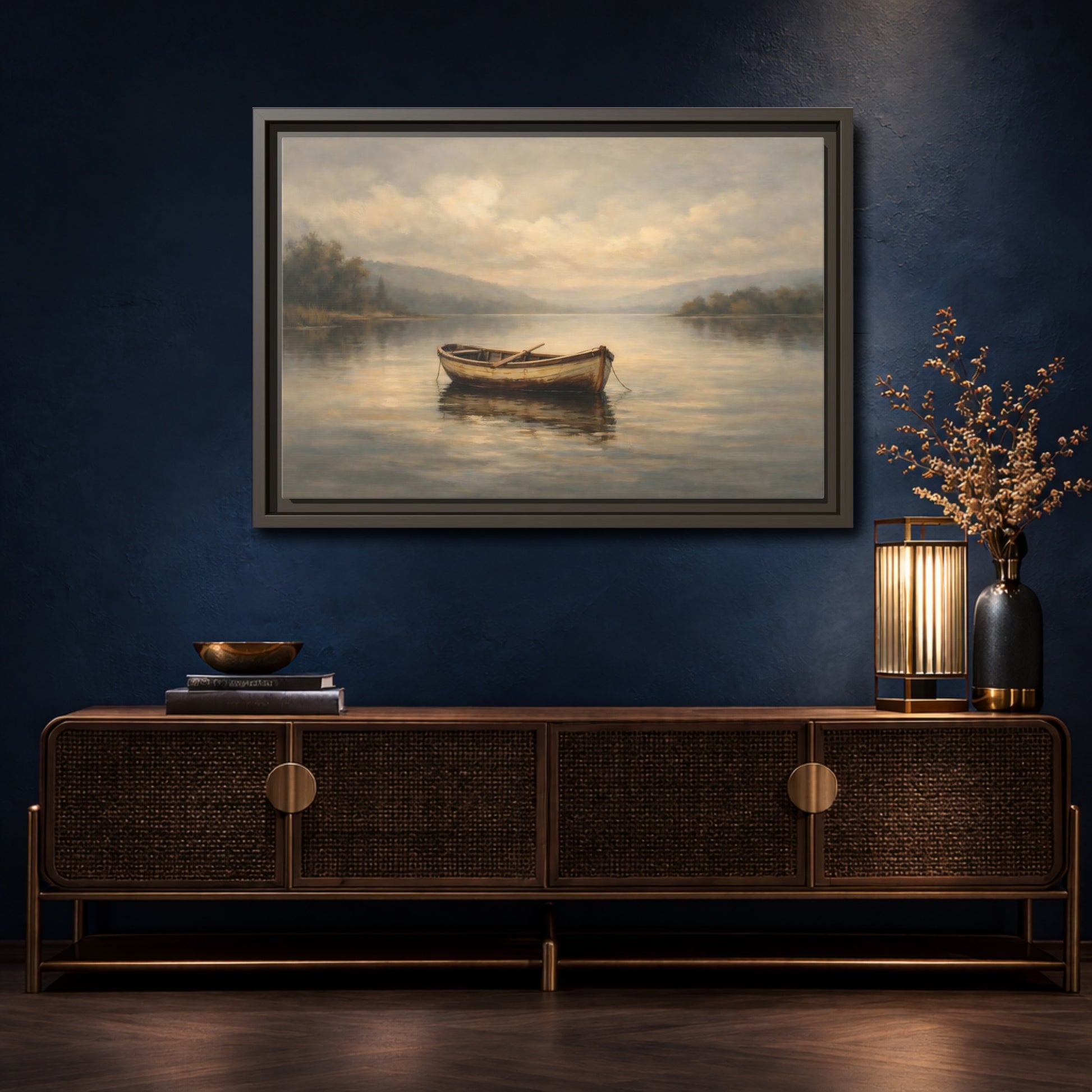 Mockup 4. Nature Rowboat Misty Lake Scene shown as stretched canvas wall art