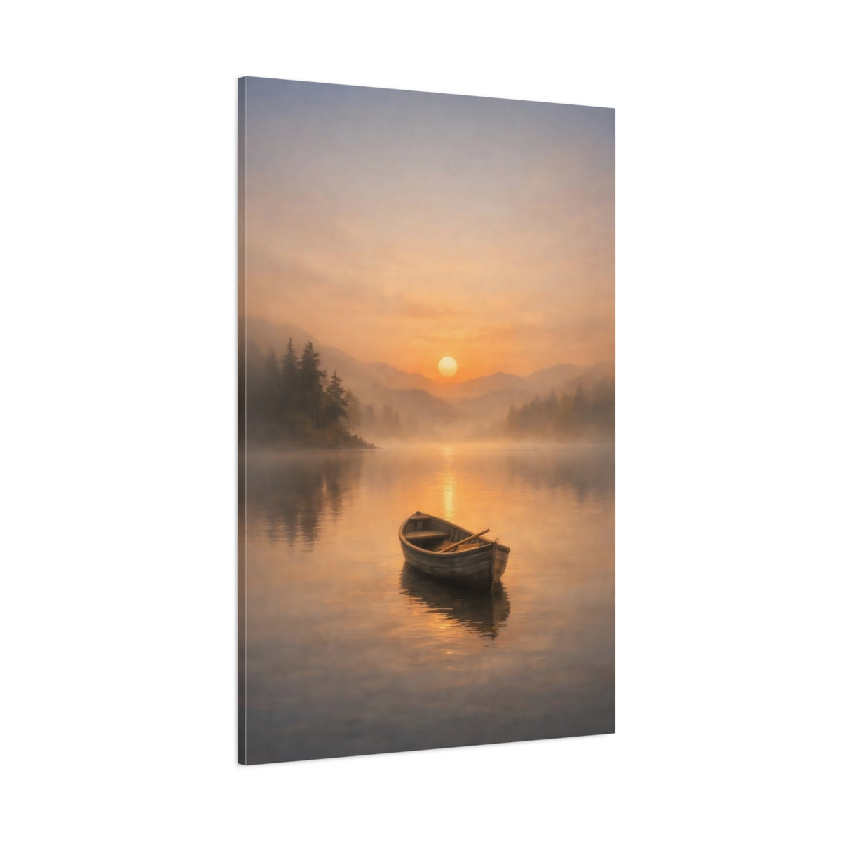 Nature Rowboat Misty Sunset shown as stretched canvas wall art