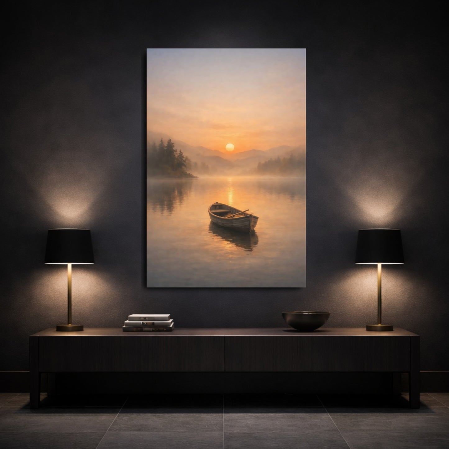 Nature Rowboat Misty Sunset shown as front canvas room wall art