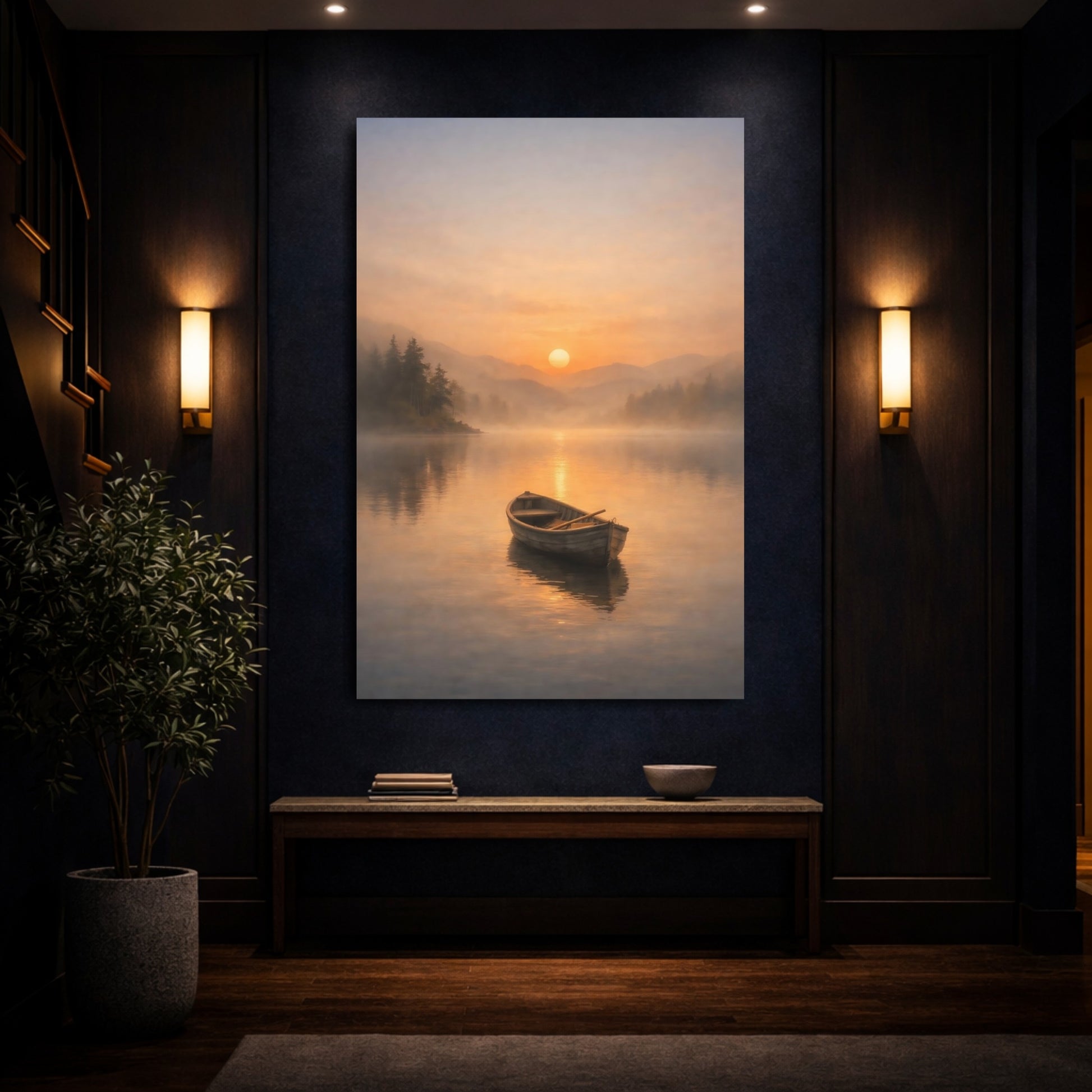 Nature Rowboat Misty Sunset shown as front canvas room wall art