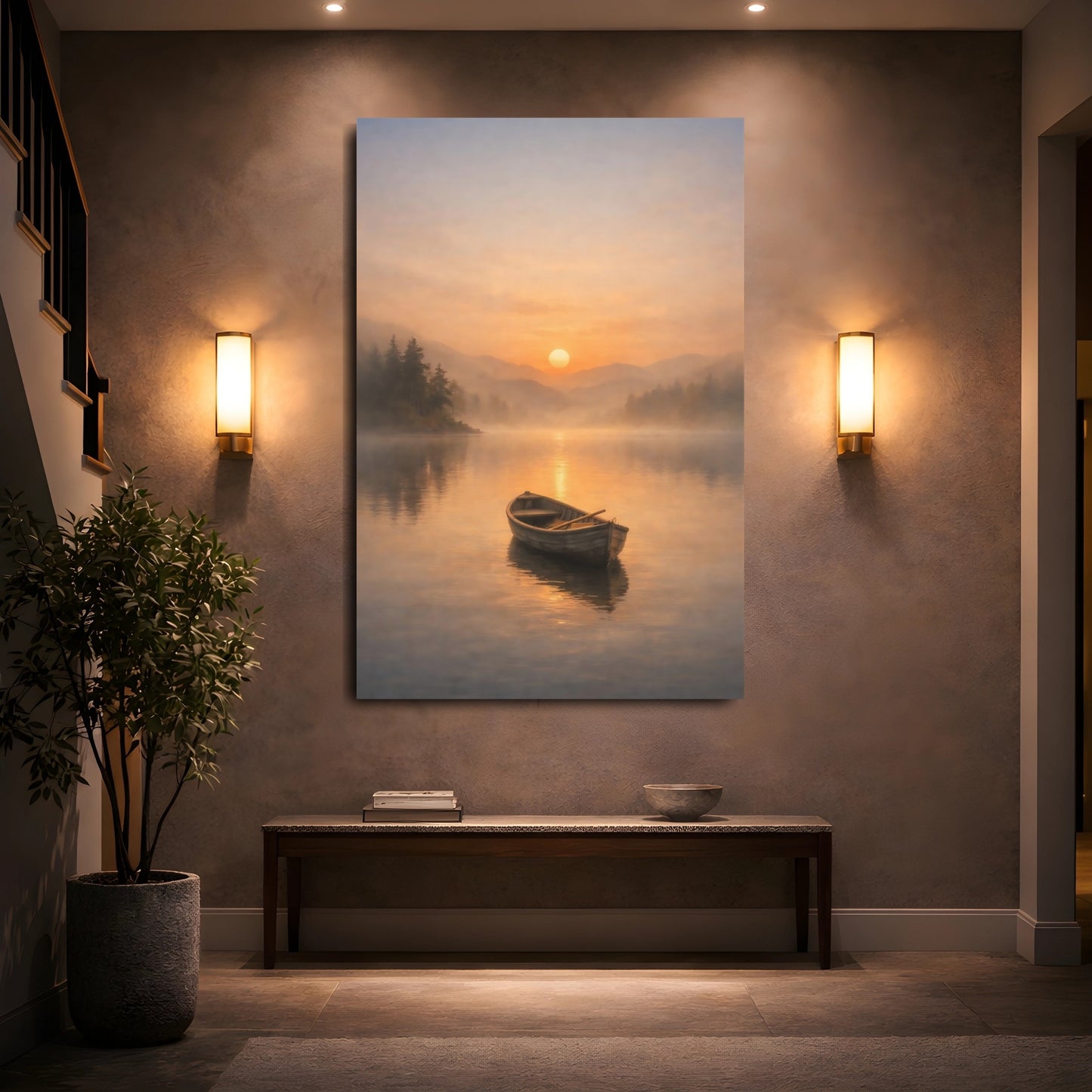 Nature Rowboat Misty Sunset shown as front canvas room wall art