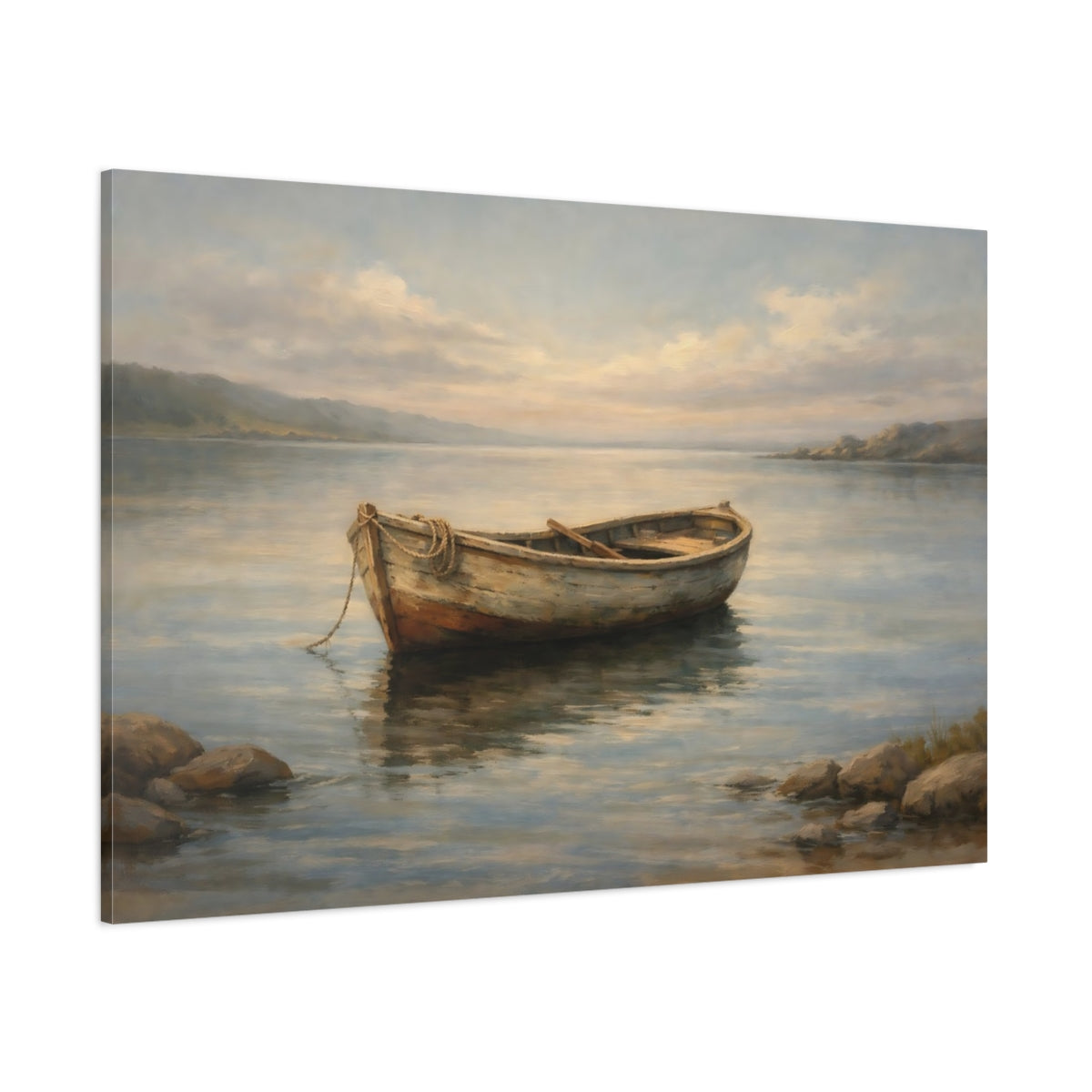 Main Mockup. Nature Rowboat Muted Coastal shown as stretched canvas wall art