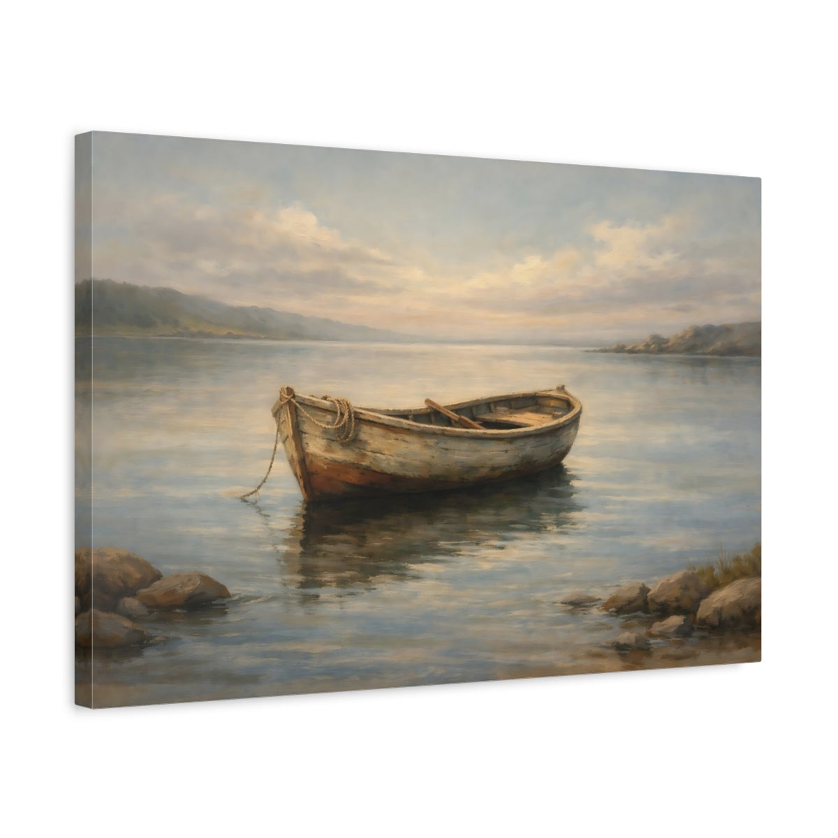 Side Mockup 3. Nature Rowboat Muted Coastal shown as stretched canvas wall art