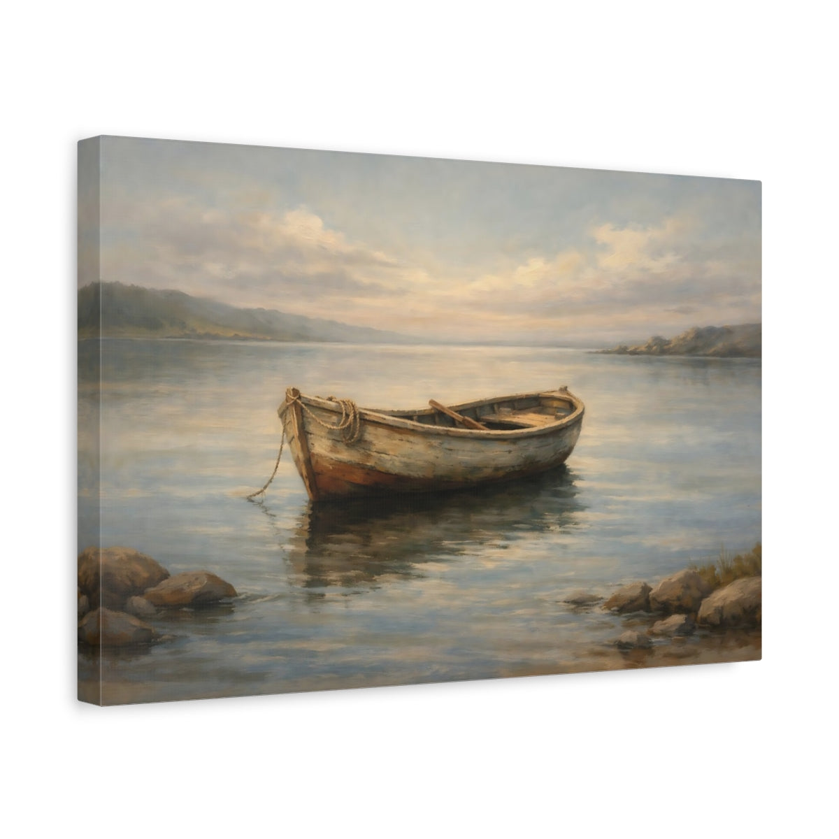 Side Mockup 4. Nature Rowboat Muted Coastal shown as stretched canvas wall art