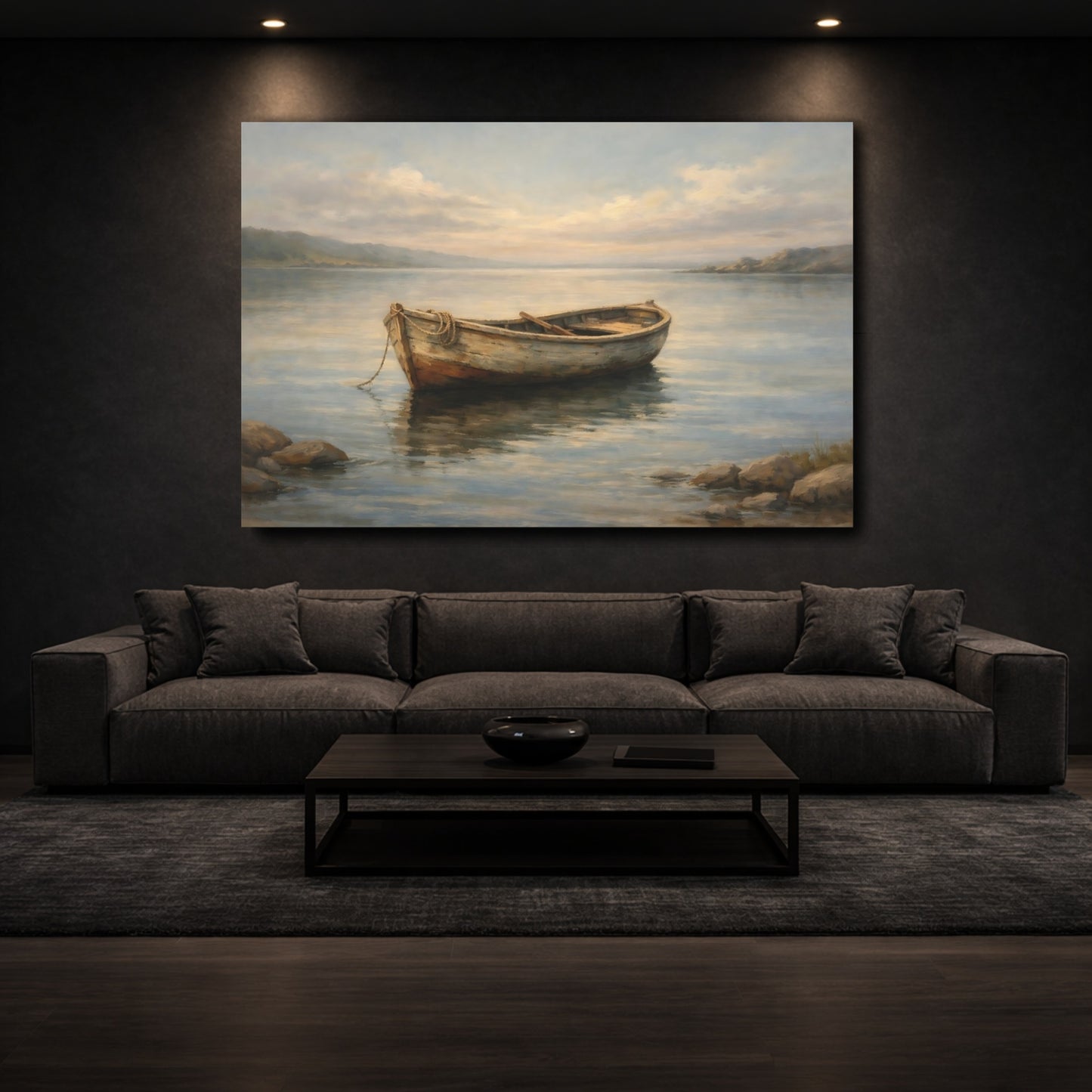Mockup 2. Nature Rowboat Muted Coastal shown as stretched canvas wall art