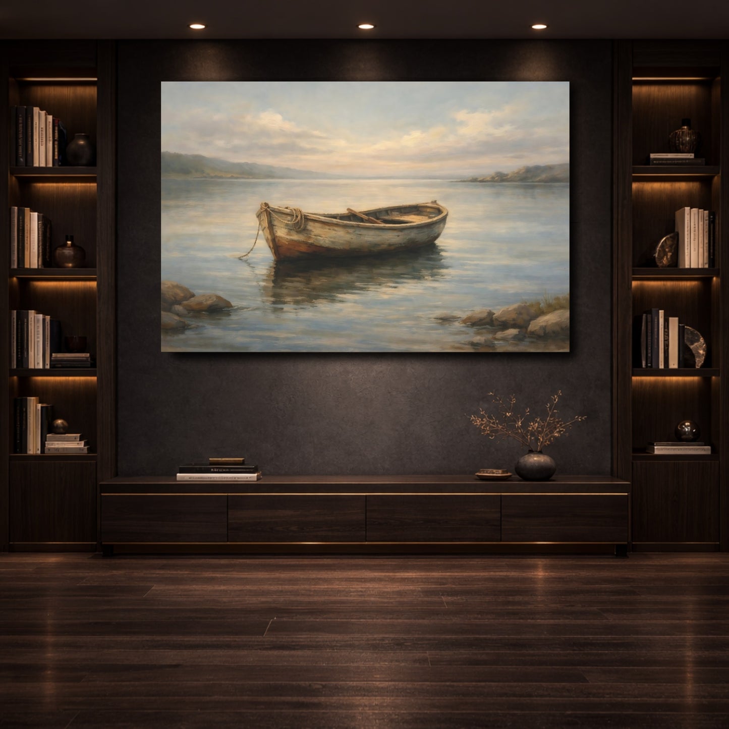 Mockup 3. Nature Rowboat Muted Coastal shown as stretched canvas wall art