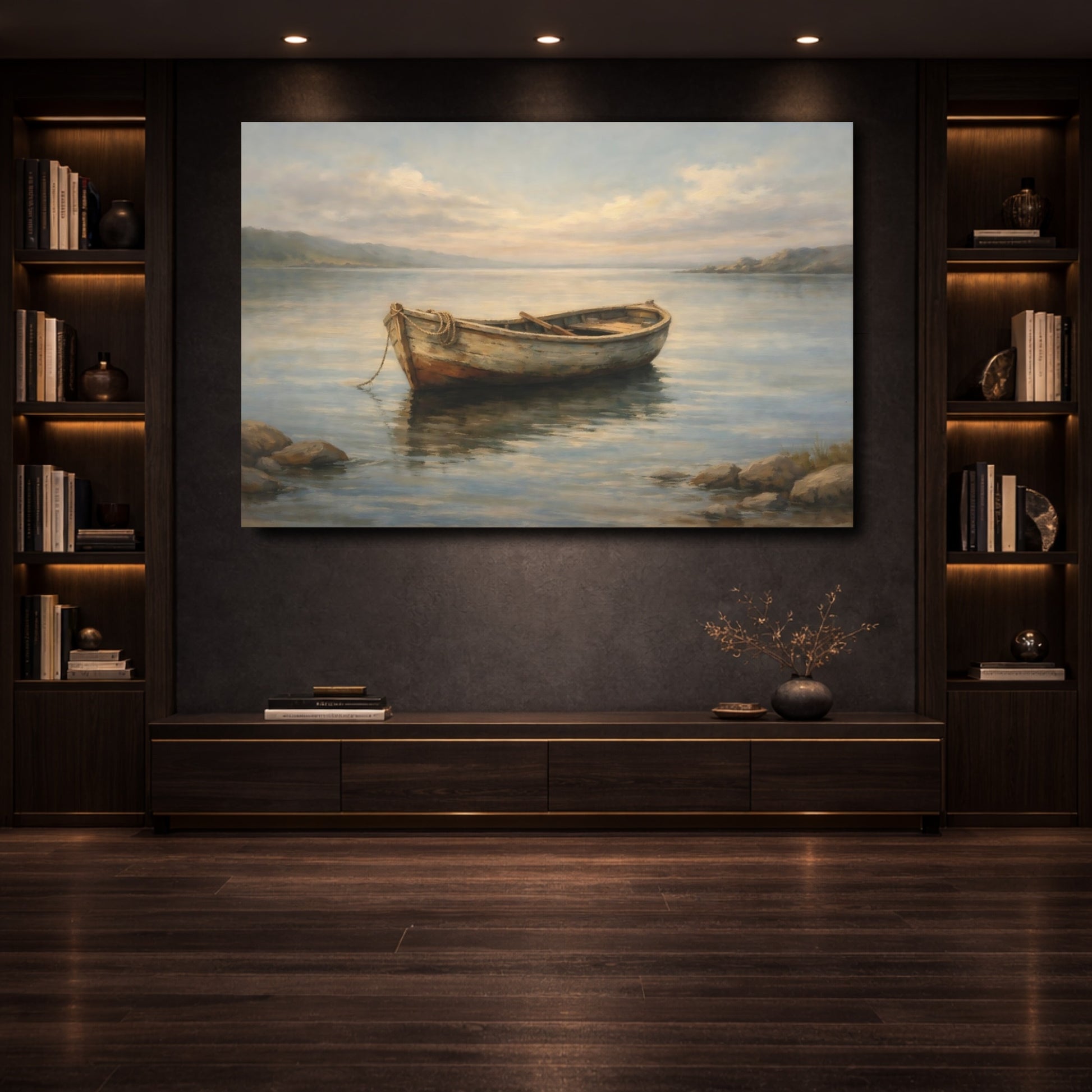 Mockup 3. Nature Rowboat Muted Coastal shown as stretched canvas wall art