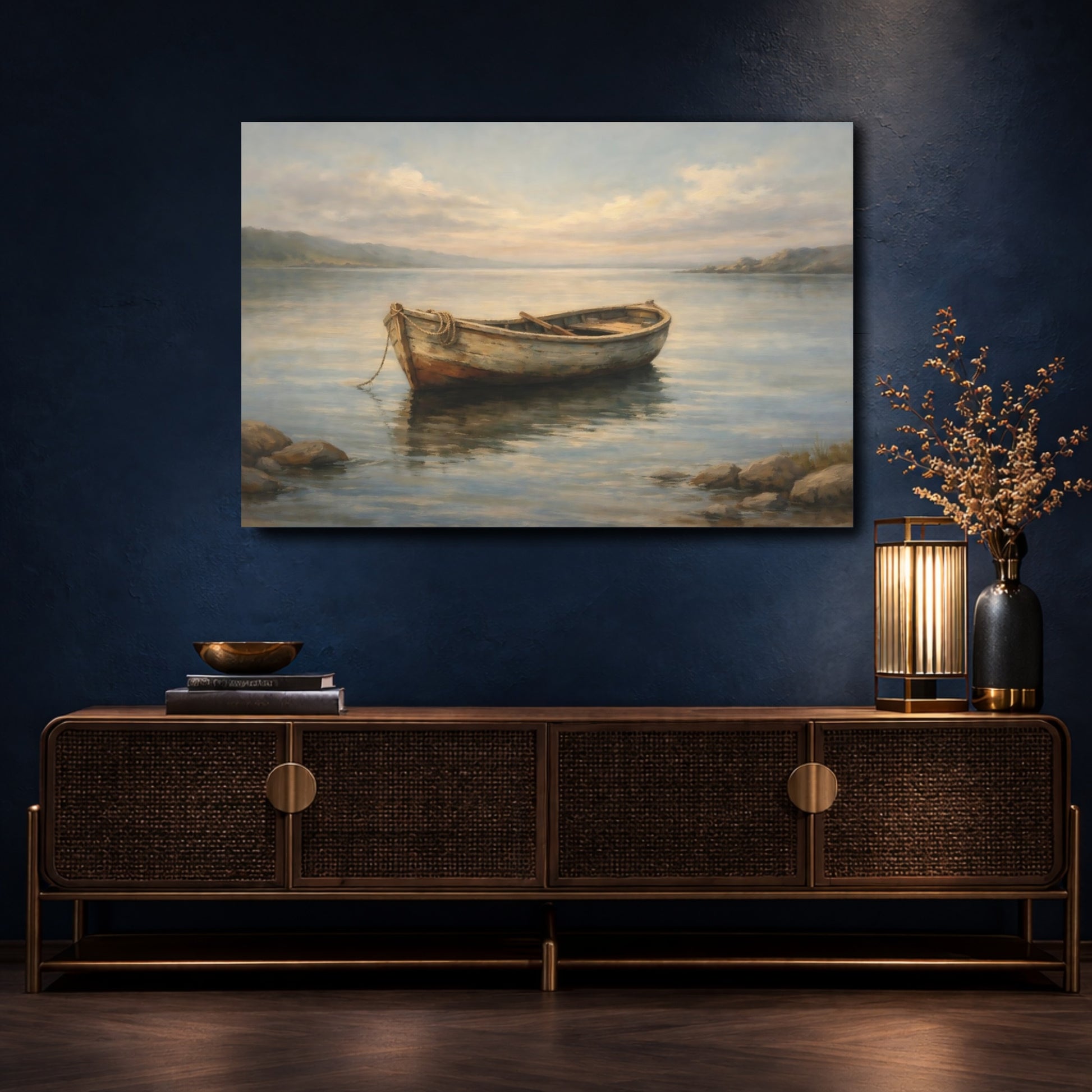 Mockup 4. Nature Rowboat Muted Coastal shown as stretched canvas wall art