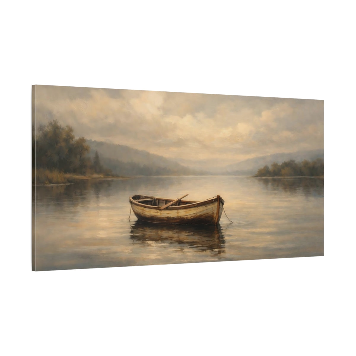 Main Mockup. Nature Rowboat Muted Lake Scene shown as stretched canvas wall art