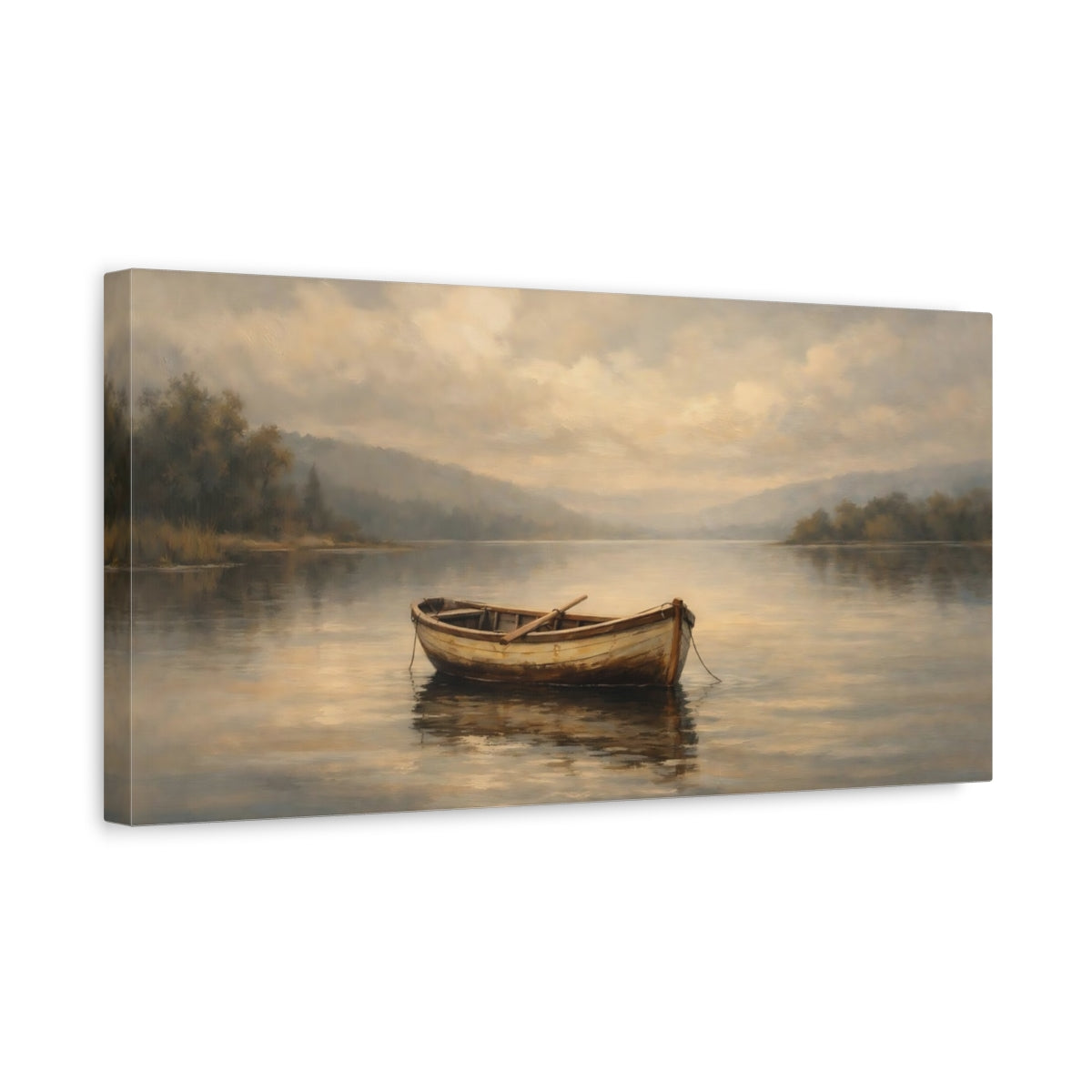 Side Mockup 3. Nature Rowboat Muted Lake Scene shown as stretched canvas wall art