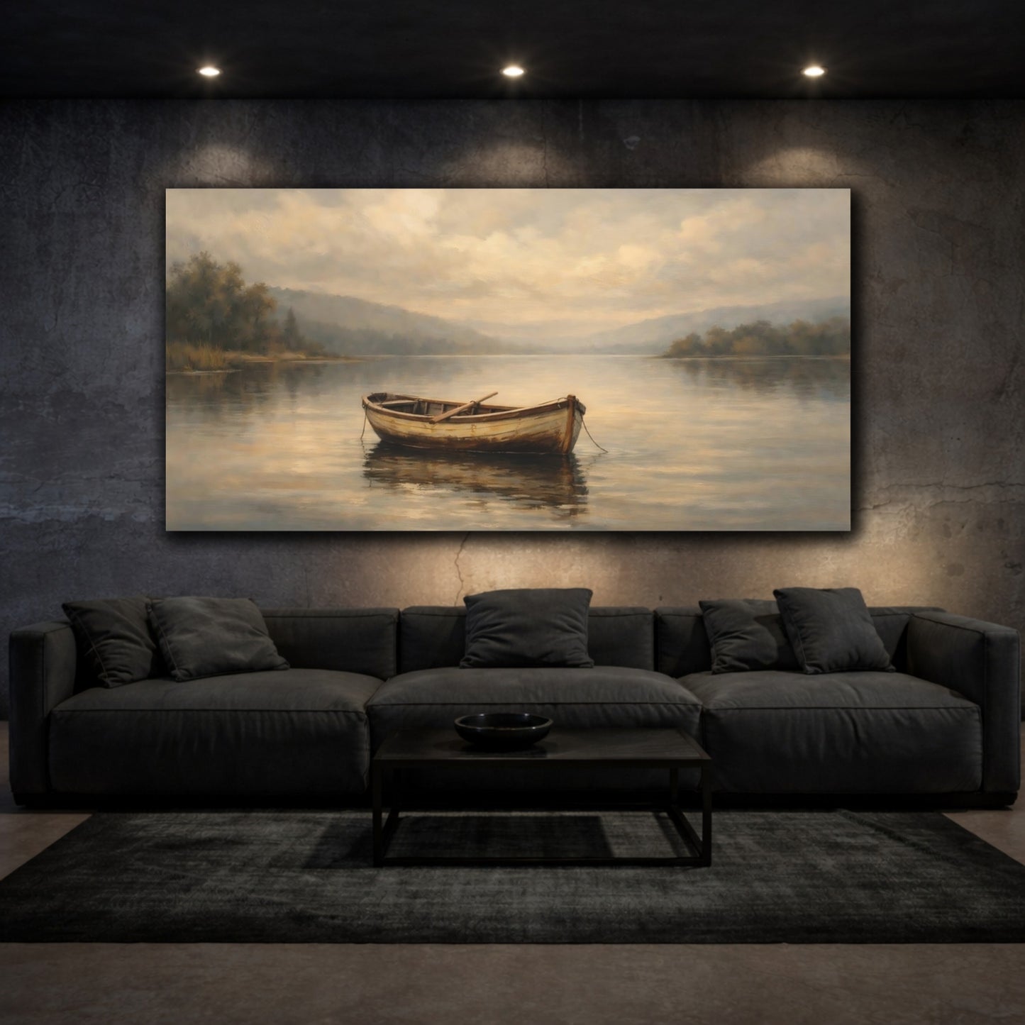 Mockup 2. Nature Rowboat Muted Lake Scene shown as stretched canvas wall art