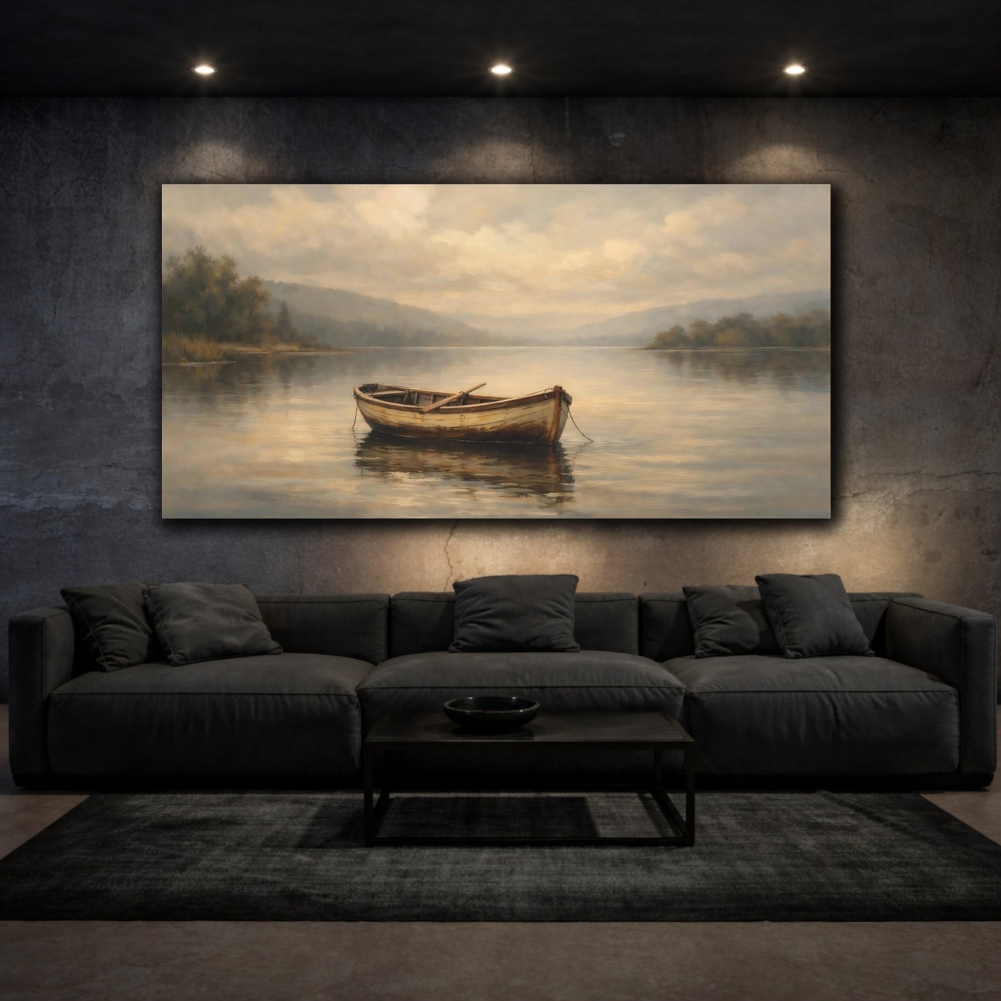 Mockup 2. Nature Rowboat Muted Lake Scene shown as stretched canvas wall art