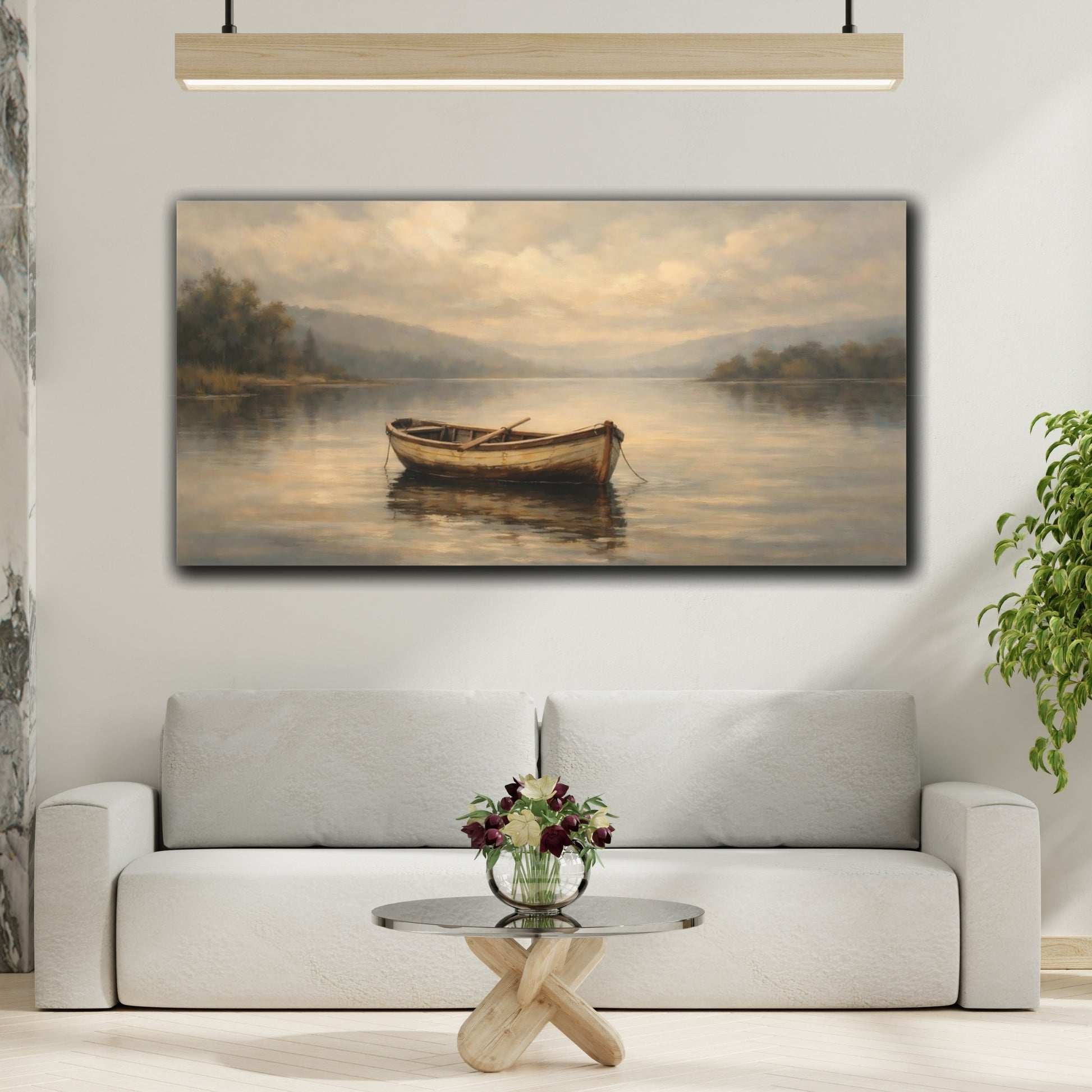 Mockup 3. Nature Rowboat Muted Lake Scene shown as stretched canvas wall art