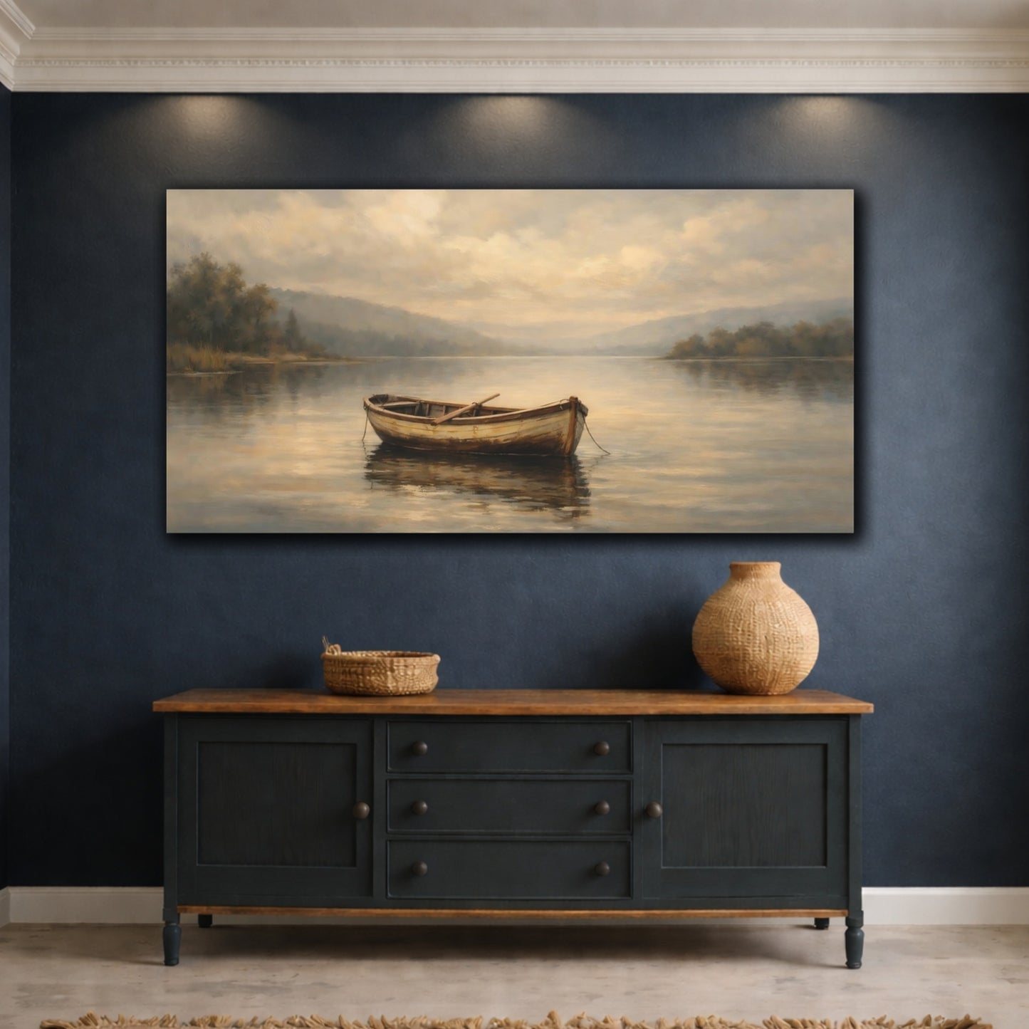 Mockup 4. Nature Rowboat Muted Lake Scene shown as stretched canvas wall art