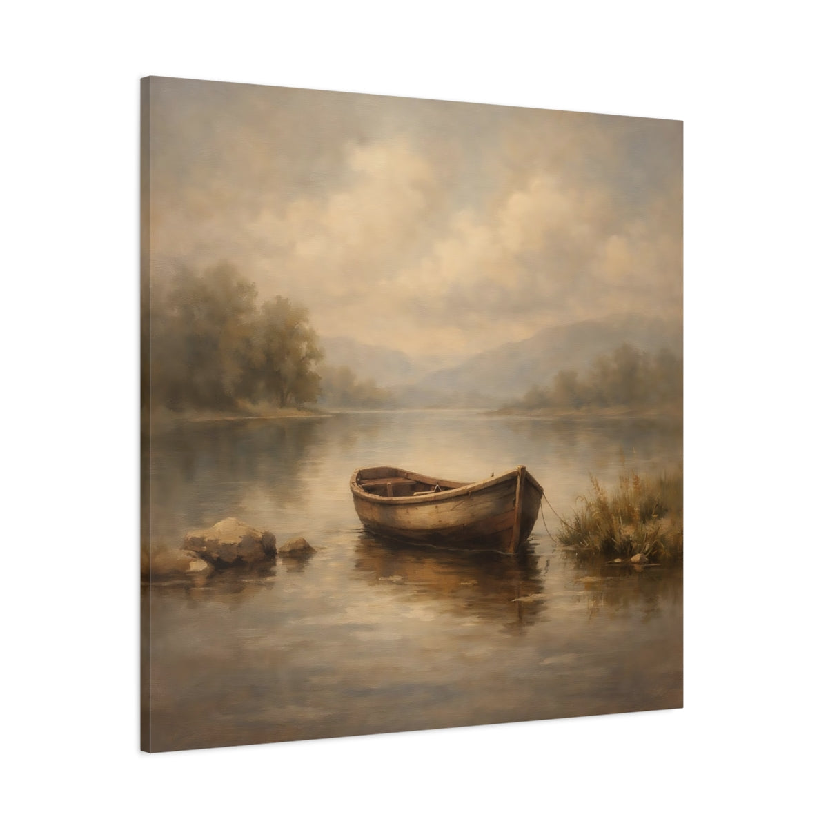 Main Mockup. Nature Rowboat Muted Landscape shown as stretched canvas wall art