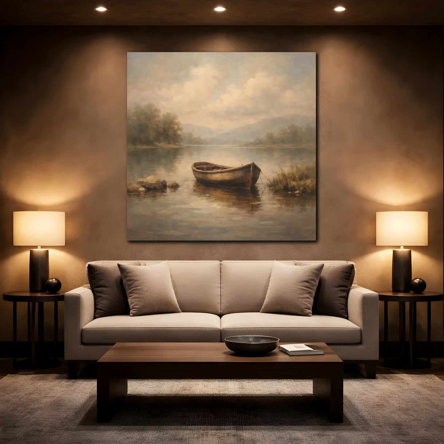 Mockup 2. Nature Rowboat Muted Landscape shown as stretched canvas wall art