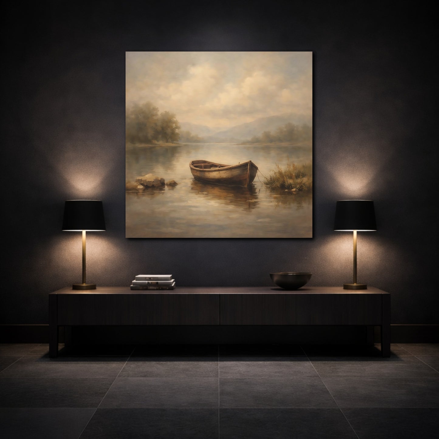 Mockup 3. Nature Rowboat Muted Landscape shown as stretched canvas wall art