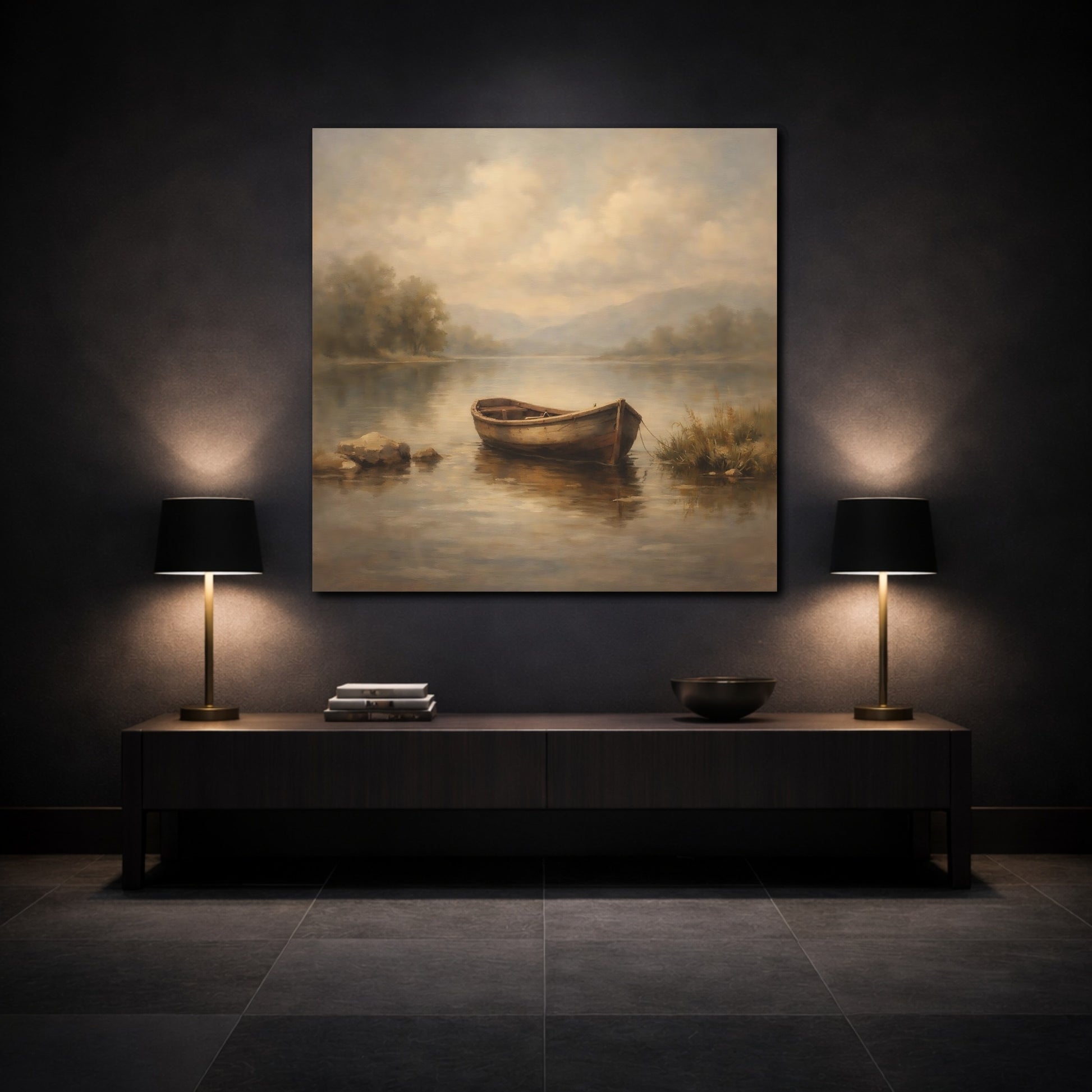 Mockup 3. Nature Rowboat Muted Landscape shown as stretched canvas wall art