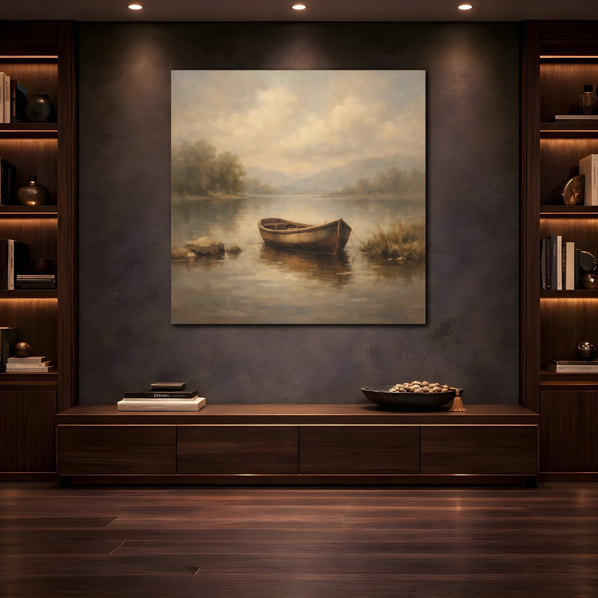 Mockup 4. Nature Rowboat Muted Landscape shown as stretched canvas wall art
