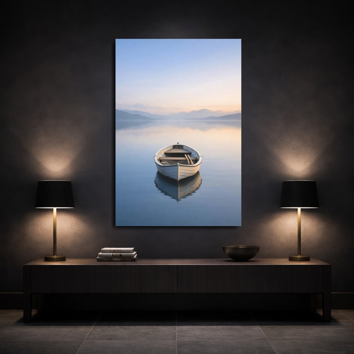 Mockup 2. Nature Rowboat Pastel Lake Boat shown as stretched canvas wall art