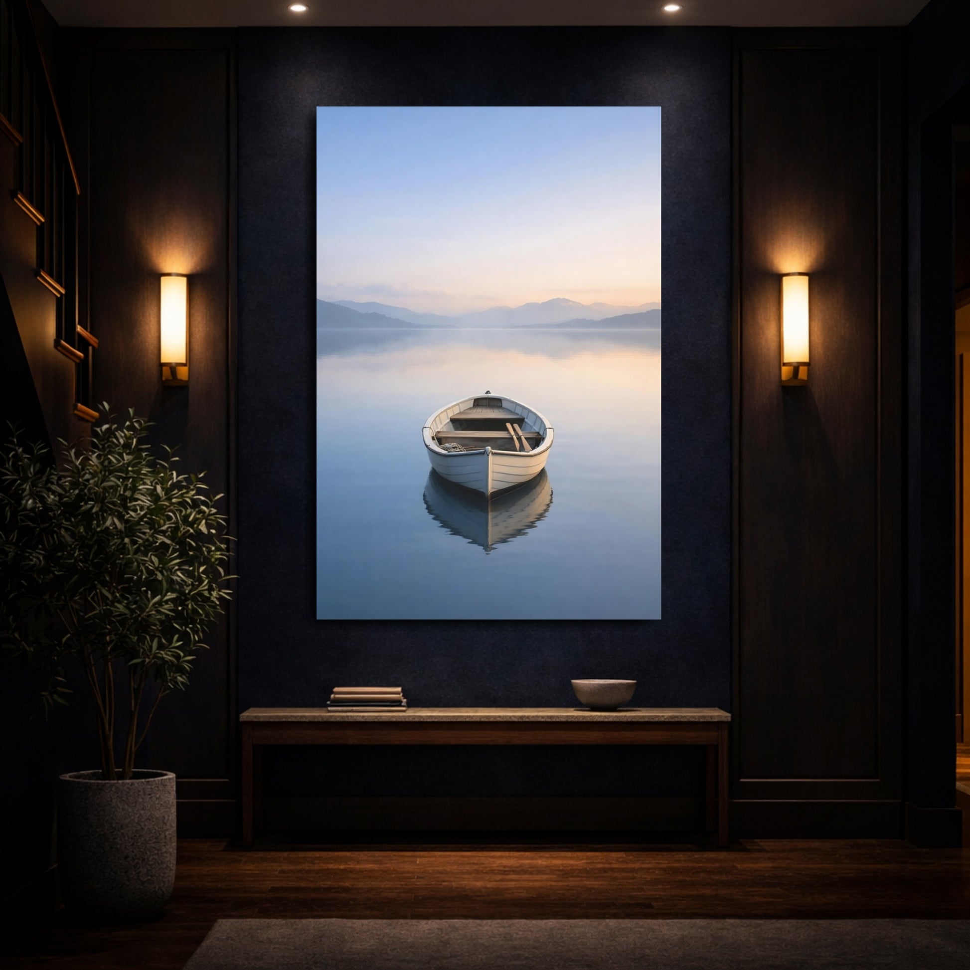 Mockup 3. Nature Rowboat Pastel Lake Boat shown as stretched canvas wall art