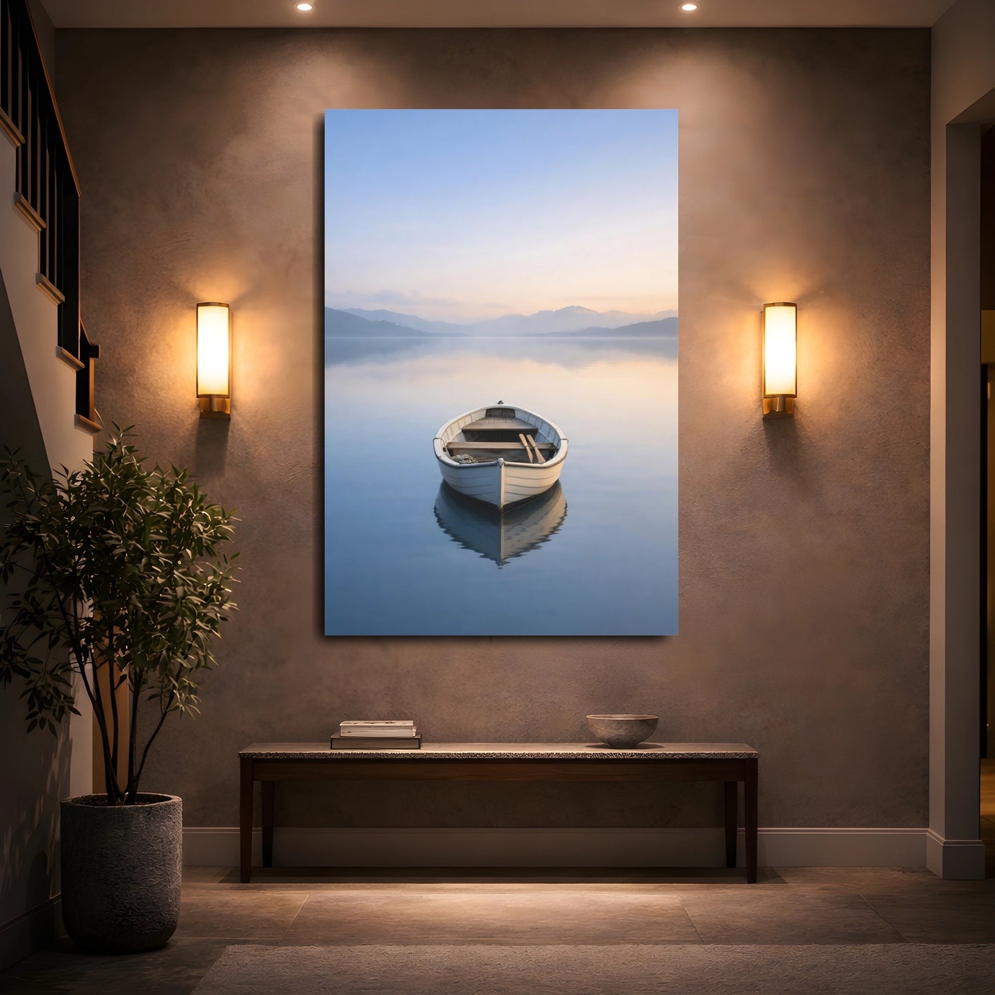 Mockup 4. Nature Rowboat Pastel Lake Boat shown as stretched canvas wall art