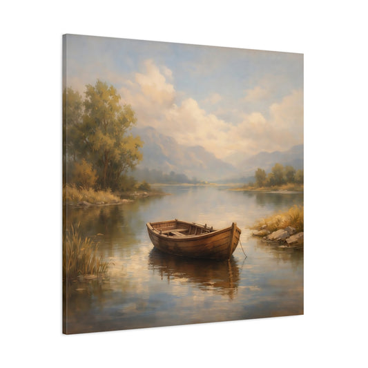 Main Mockup. Nature Rowboat Rowboat Lake Landscape shown as stretched canvas wall art